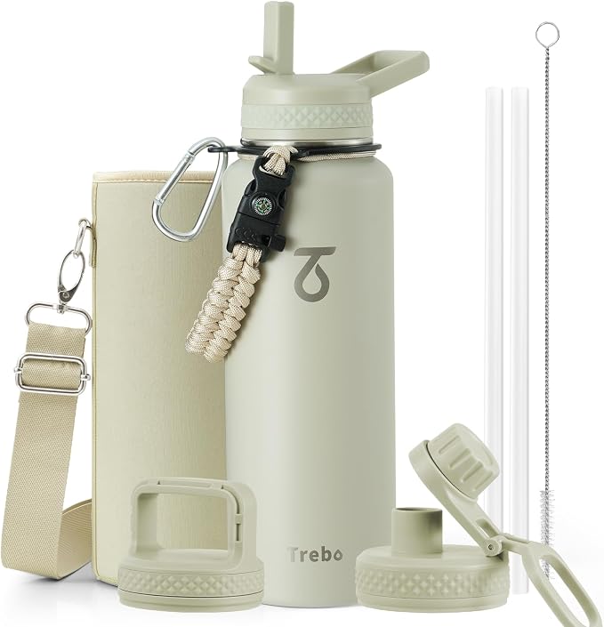 Trebo Water Bottle Insulated 40 oz with 3 Lids, Paracord Handle & Sleeve | Stainless Steel Flask Vacuum, Triple Wall Copper Plated, Dishwasher Safe, Keeps Cold 48Hrs for Hiking, Gym, Wide Mouth
