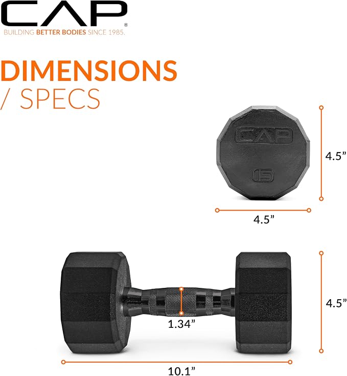 CAP Rubber Coated Dumbbell Weights, Free Weights for Home Gym Strength Training, Anti-Roll Hex Dumbbells with Black, Chrome & Comfort Grip Handles, Pairs & Sets