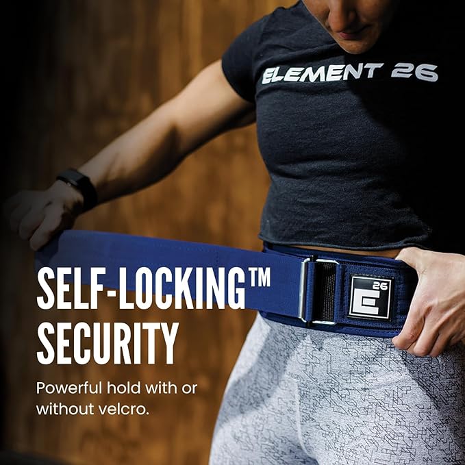 Element 26 Self-Locking Weight Lifting Belt | 4” Back Support for Gym, Powerlifting, Body Building, Cross Training, Men, Women, Deadlift, Squat, Quick Locking, Competition
