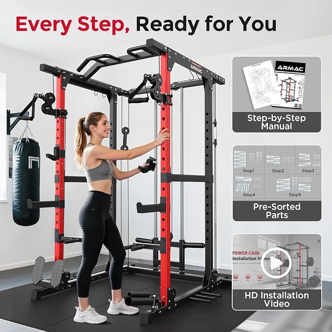 ARMAC Power Cage,1500lbs Multi-Function Power Rack with Adjustable Cable Crossover System and More Training Attachment, Weight Cage for Home Gym