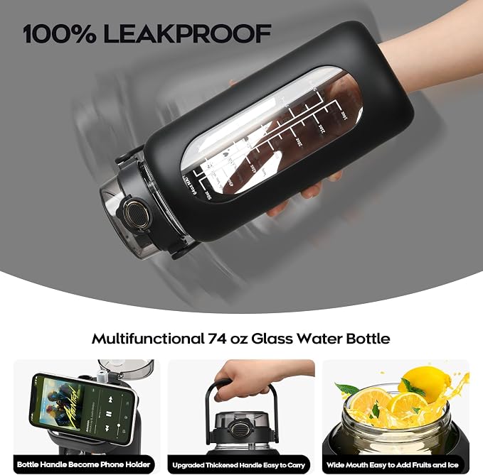 chunmo 74 oz Glass Water Bolttles with Straw Large Motivational Water Bottle with Time Marker Sports Water Bottles with Silicone Sleeve and Handle Lid 2.2L Water Jug for Gym Workout