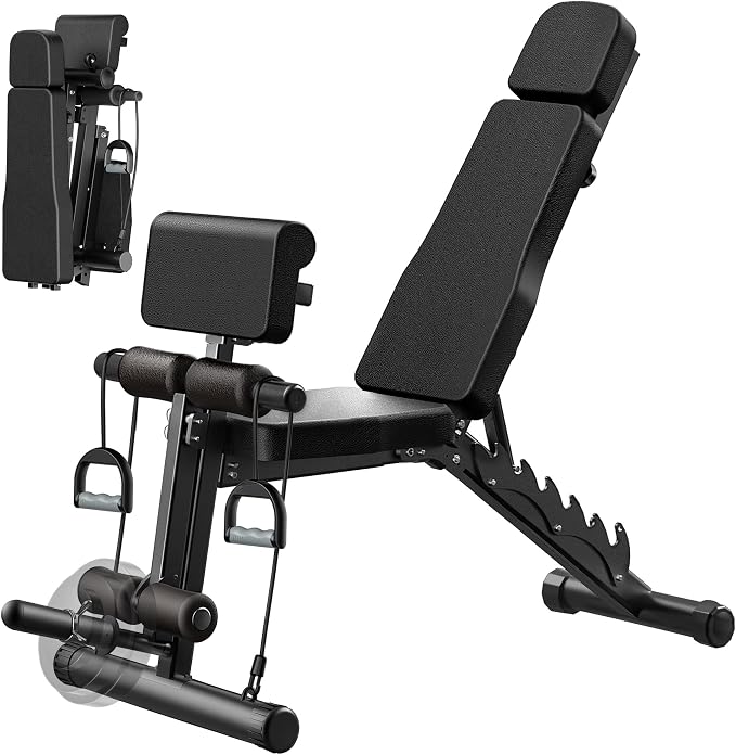 VUSIGN Adjustable Workout Bench, Weight Bench for Home Gym, Preacher Curl Bench with Leg Extension for Full Body Training Fitness, Foldable Incline Flat Decline Sit Up Bench Equipment for Bench Press Dumbbell Exercise with Wheels