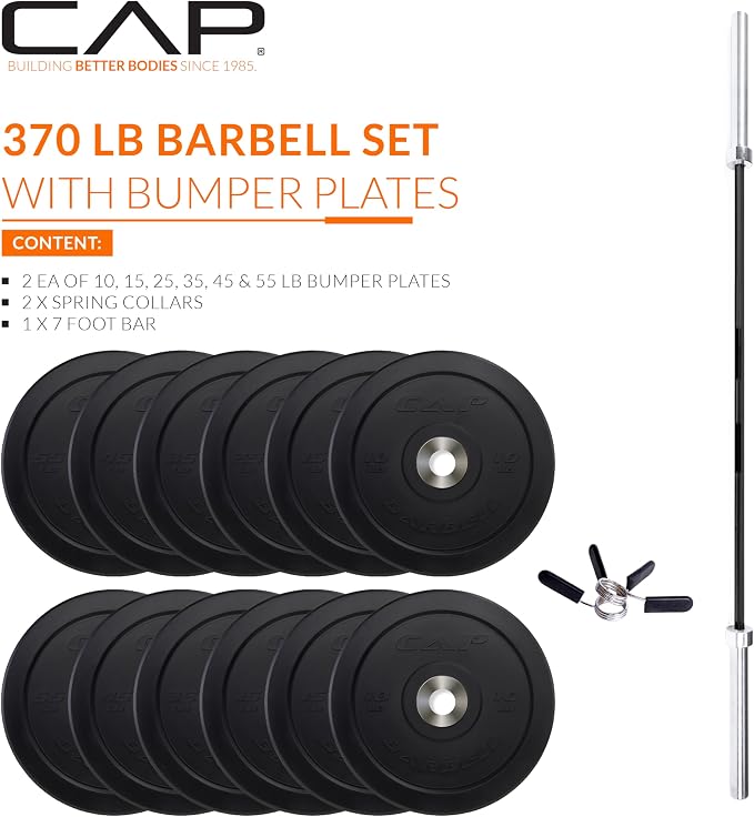 CAP Barbell Olympic Weight Set with 7ft Barbell & Bumper Plates | 160-370 lbs | Multiple Options