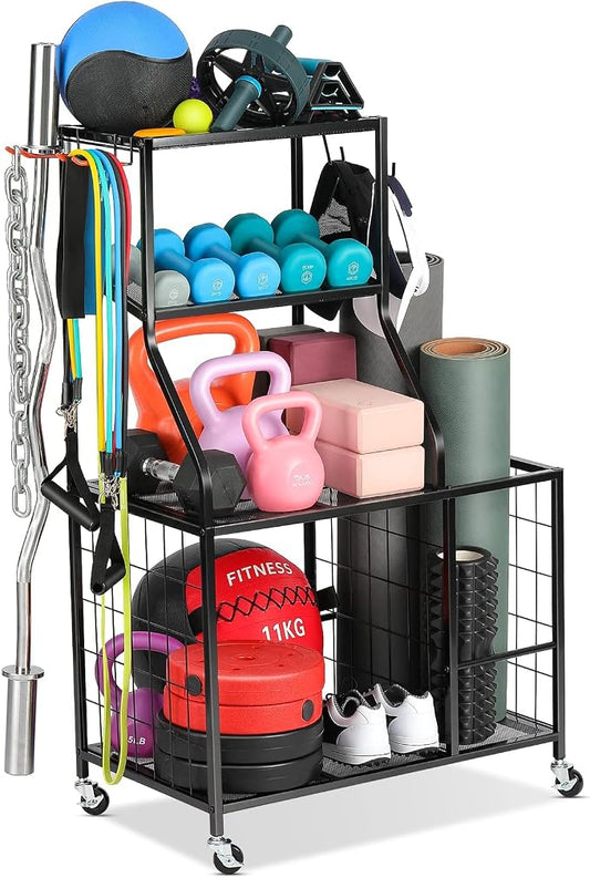 AHOWPD Weight Rack Home Gym Storage, Yoga Mat Storage Rack Workout Equipment Storage Rack for Dumbbells Kettlebell Resistance Band, Exercise Equipment Gym Rack Organizer with Wheel and Levelling Feet