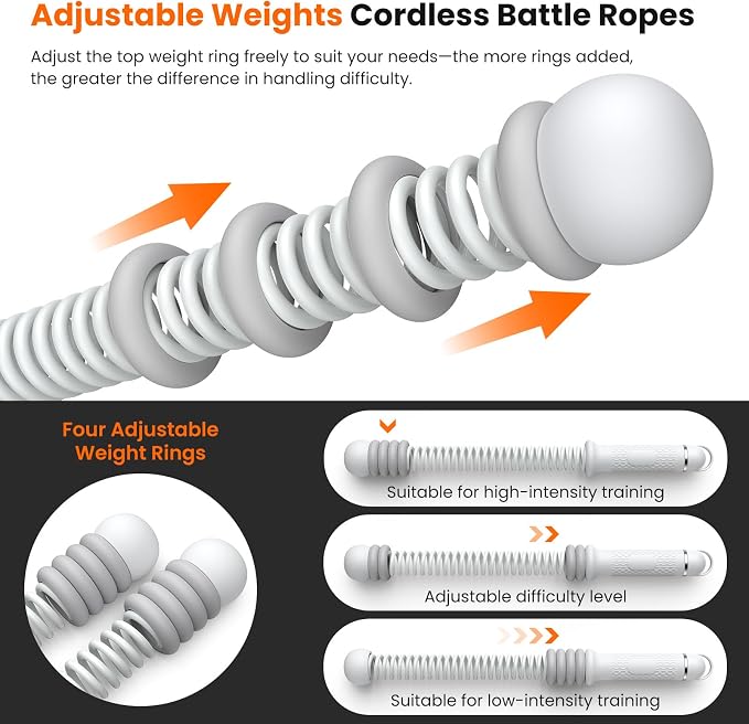 2 Pcs Weighted Cordless Battle Ropes, Portable Ropeless Exercise Rope with Non-Slip Handle, Low-Noise Adjustable Resistance for Home Gym, HIIT & Low-Impact Cardio Strength Training (Grey)
