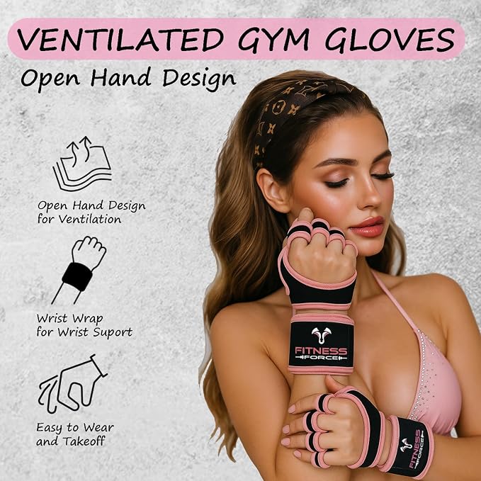 FITNESS FORCE Ventilated Weight Lifting Workout Gloves for Men & Women | Gym Gloves for Men & Women with Built-in Wrist Wraps for Men, Exercise Gloves for Weightlifting, Cycling & Cross Training