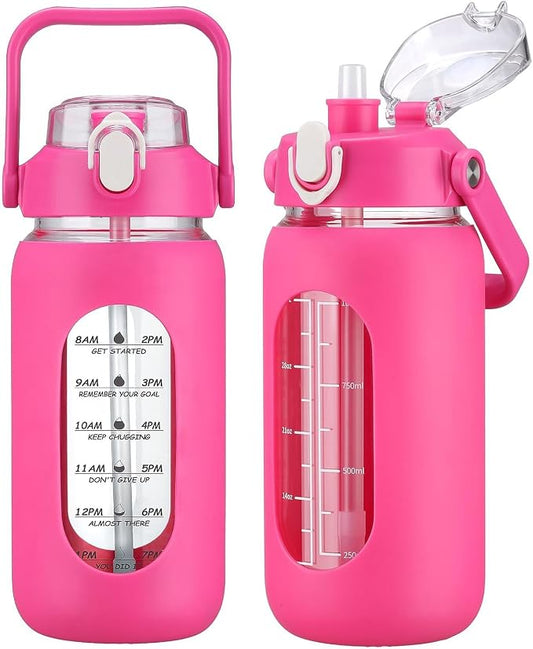42oz Glass Water Bottles with Straw, Motivational Glass Bottle with Silicone Sleeve and Time Marker, Leakproof Large Glass Water Jug for Gym Home Office,Rose red