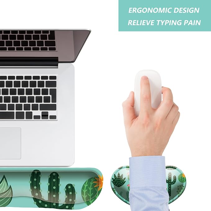 Keyboard Wrist Rest Mouse Wrist Support Set, Memory Foam Wrist Rest Pad for Computer Laptop Keyboard Mouse, Ergonomic Wrist Cushion Support for Typing Pain Relief, Gaming Home Office, Cactus
