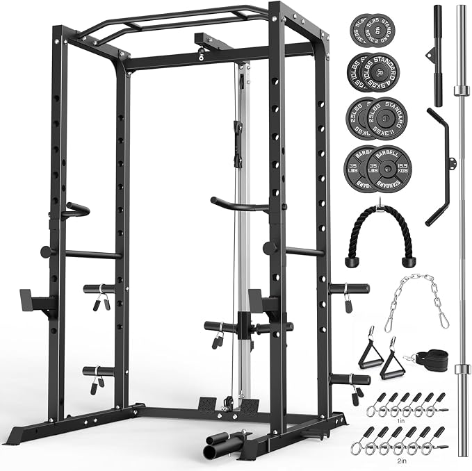 ULTRA FUEGO Power Cage, Multi-Functional Power Rack with J-Hooks, Dip Handles, Landmine Attachment and Optional Cable Pulley System for Home Gym