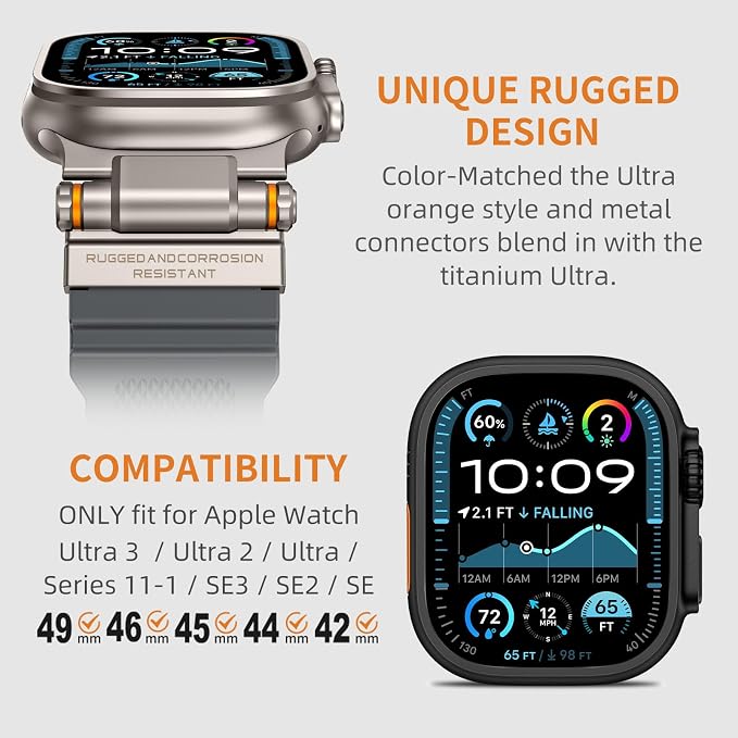 Band Compatible with Apple Watch Ultra 3/2/1 Band 49/46/45/44mm | Metal Connector with Silicone Rugged Strap for iWatch Ultra Series 11/10/9/8/7/6/SE3/SE2/SE/5/4/3/2/1, Gray/Titanium