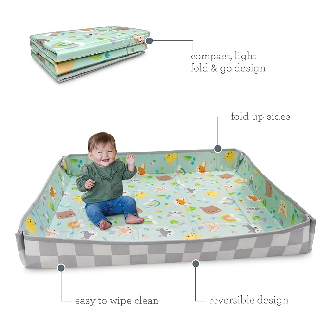 Infantino Foldable Foam Play Mat Reversible 57x57 in, Animals | Reversible design with two sides to play, Lightweight & portable, Water-resistant & wipeable, Folds flat for easy storage