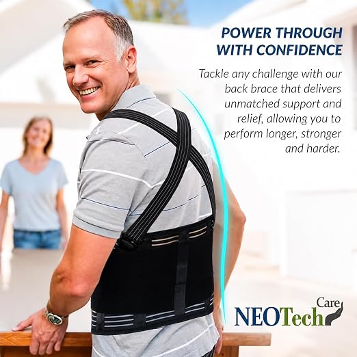NeoTech Care Back Brace with Suspenders for Work - Industrial Lifting Safety, Elastic Compression, Hook & Loop Closure (Black, Size XL)