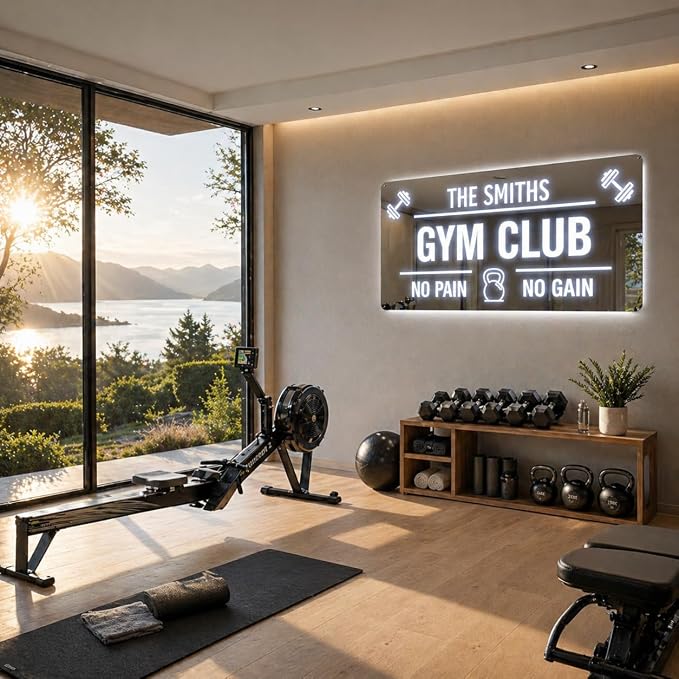 Large Custom LED GYM Sign, Handmade Persoanlized 3D Mirror Gym Dumbbell Barbell Light Sign for Home, Light up Sign for Man Cave, Garage Gym & Fitness Room Sport Workout Room