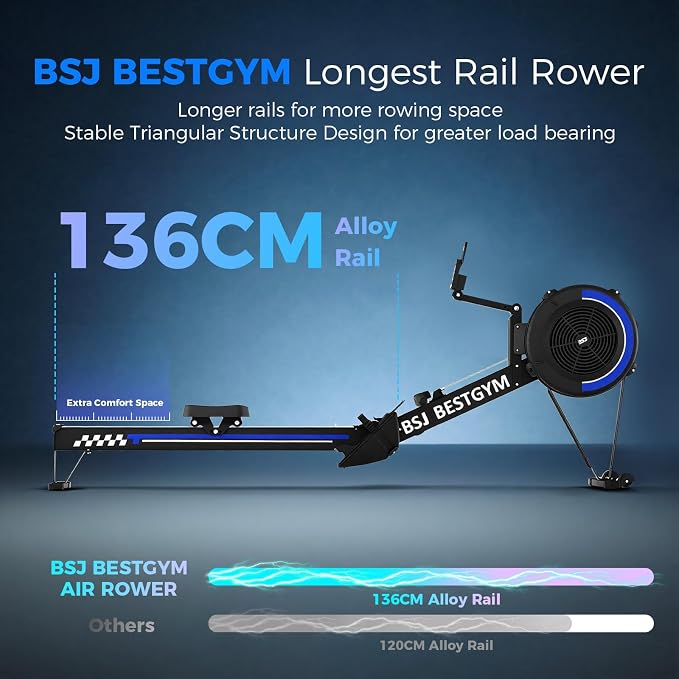 Rowing Machine for Home, Professional Adjustable Air Resistance Rower Machines with Self-Powered Monitor, 53.7'' Row Rail, Ergonomic Comfort Seat, Easy Storage