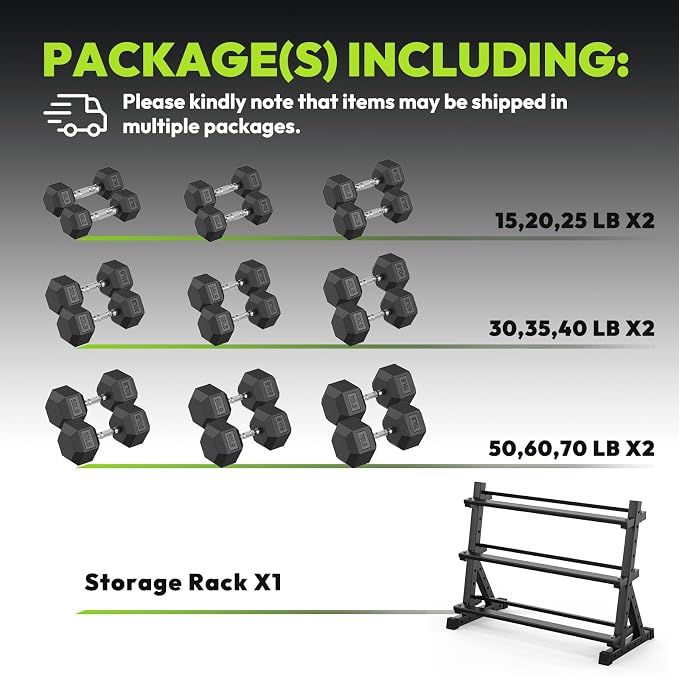HANDBODE Dumbbell Set with Rack, Rubber Coated Fixed Dumbbells 390-790 lbs | Heavy Duty Hexagonal Weights, Non-Roll Hexagon Shape for Stability, Home Gym Strength Training Equipment