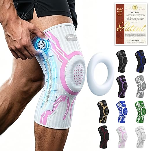 Kuangmi Knob Knee Brace for Pain Relief, Knee Support with Patella Gel Pad & Side Stabilizers, Compression Knee Sleeve for Workout, Arthritis, Joint Pain, Meniscus Tear (Pink White,Right,Large,Single)