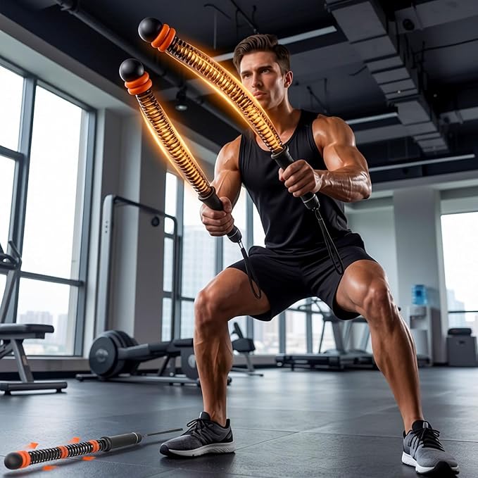 Weighted Ropeless Battle Ropes with Adjustable Spring Resistance, Quiet Cordless Battle Rope Sticks for Apartment Home Gym, Portable Workout Equipment with Weighted Handles for HIIT Cardio Training