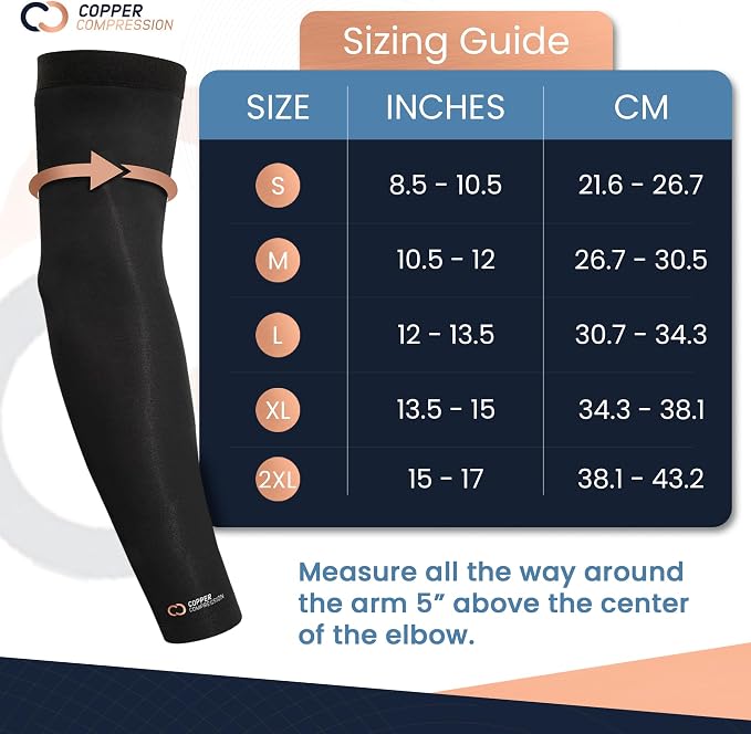 Copper Compression Arm Sleeve - Copper Infused Full Arm Brace for Forearm, Bicep, Triceps - Tennis Elbow, Basketball, Golf, Arthritis, Tendonitis, Bursitis, Post Surgery Rehab - Odor Resistant - Black - L
