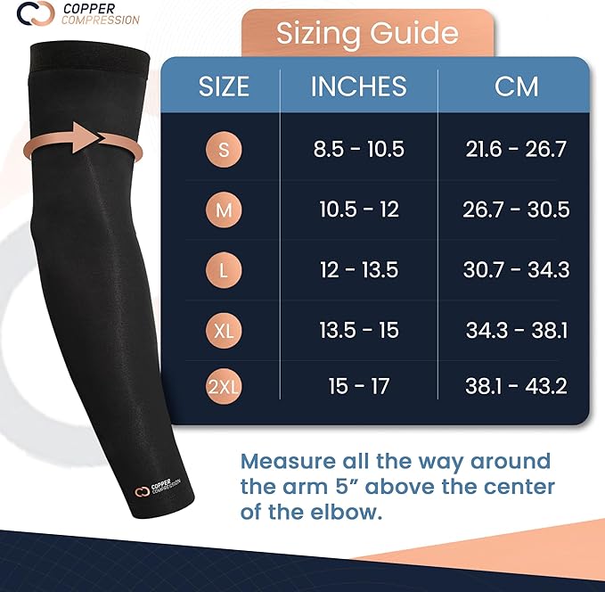 Copper Compression Arm Sleeve - Copper Infused Full Arm Brace for Forearm, Bicep, Triceps - Tennis Elbow, Basketball, Golf, Arthritis, Tendonitis, Bursitis, Post Surgery Rehab - Odor Resistant - Black - M