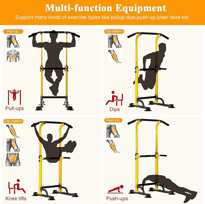 DlandHome Power Tower Pull Up Bar Dip Station,Adjustable Height Dip Stand | Multi-Function Fitness Equipment for Strength Training Home Gym,Stable Steel Frame for Pull Ups Dips Push Ups,Supports 330LBS