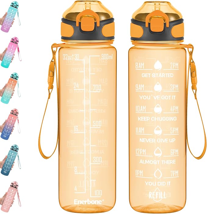 Enerbone 32 oz Water Bottle with Times to Drink and Straw, Motivational Drinking Water Bottles with Carrying Strap, Leakproof BPA & Toxic Free, Ensure You Drink Enough Water for Fitness Gym Outdoor