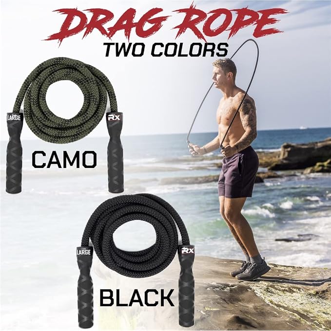 Rx Smart Gear Drag Jump Rope w/Non Slip Ergonomic Handles - Weighted Polypropylene Rope for Fitness & Exercise, Cardio Workout, WOD | Speed Jumping Rope for Men & Women