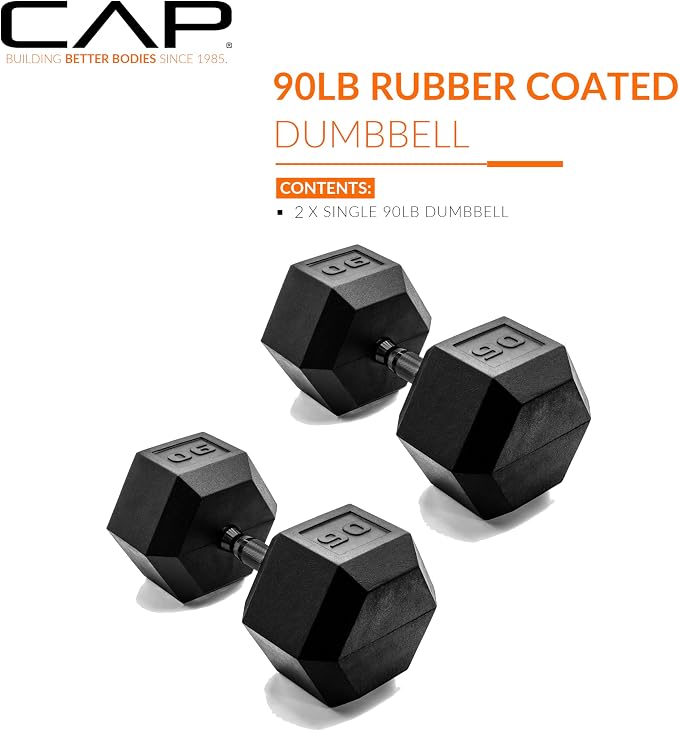 CAP Rubber Coated Dumbbell Weights, Free Weights for Home Gym Strength Training, Anti-Roll Hex Dumbbells with Black, Chrome & Comfort Grip Handles, Pairs & Sets