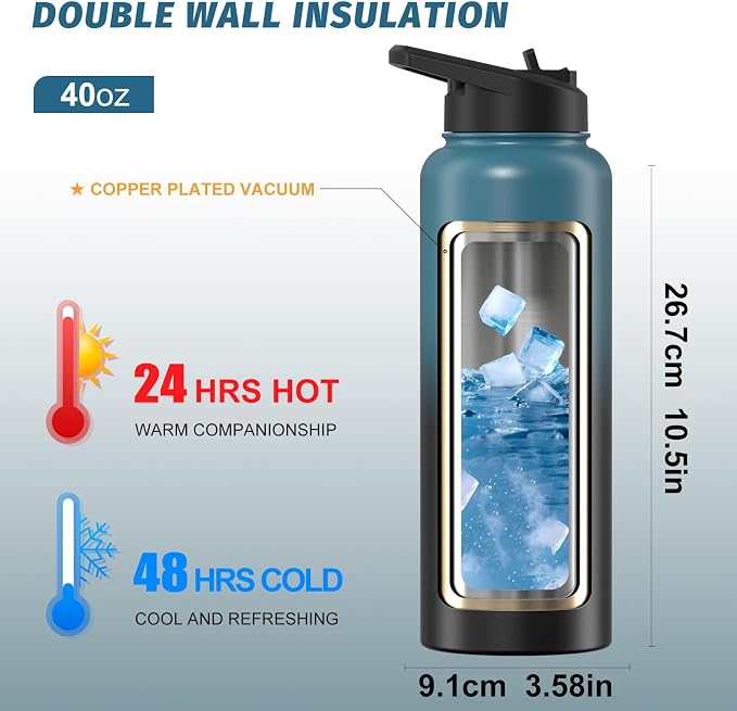 40oz Insulated Water Bottle (Cold for 48 Hrs),BPA Free&Leak Proof,Stainless Steel Water Flask,Water Jug with Straw Spout Lids for Gym,Hiking,Travel,Black Blue