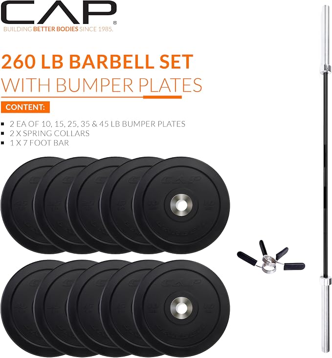 CAP Barbell Olympic Weight Set with 7ft Barbell & Bumper Plates | 160-370 lbs | Multiple Options