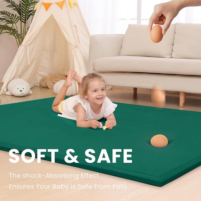 Baby Play Mat for Floor,1.3" Thick Memory Foam Tummy Time Mat,Water Repellent Soft Velvet Nursery Rug,Extra Large Non Slip for Crawling,Toddlers,Infants,Kids,Tatami Style for Living Room(Dark Green)