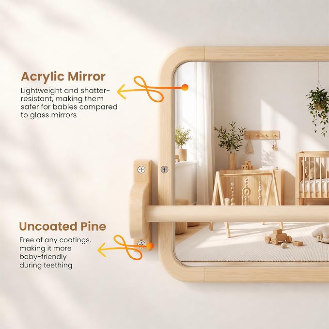Woodtoe Montessori Mirror with Bar, Tummy Time Floor Mirror Toys for Baby | Baby Pull to Stand Toys, Natural Unpainted Solid Wood Frame, Baby Pull Up Bar, Developmental Toys for Nursery (Small Size)