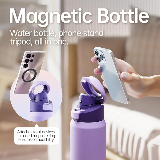 Insulated Magnetic Water Bottle - Reusable Stainless Steel Bottle with MagSafe Compatible Phone Holder - Keeps Cold for 24 Hours - Perfect for Gym, Sports, and Travel - Lavender 32oz