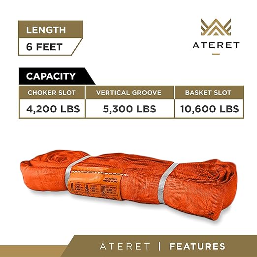 ATERET Powerlift Orange Polyester Endless Round Sling - 6 Feet Length, 25,000 lb. Vertical Capacity, 42,400 lbs Basket - Heavy Duty Poly Lifting Sling
