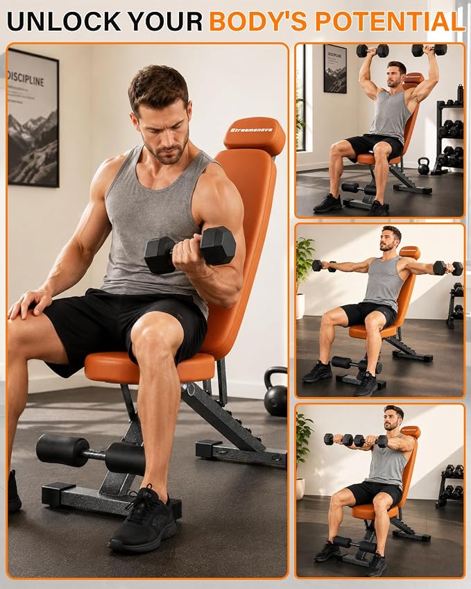 Fitness Bench, Adjustable, Comfortable, Fashionable, Foldable and Extended Headrest with 192 Positions Incline Decline 900LBS Home Gym Bench for Strength Training