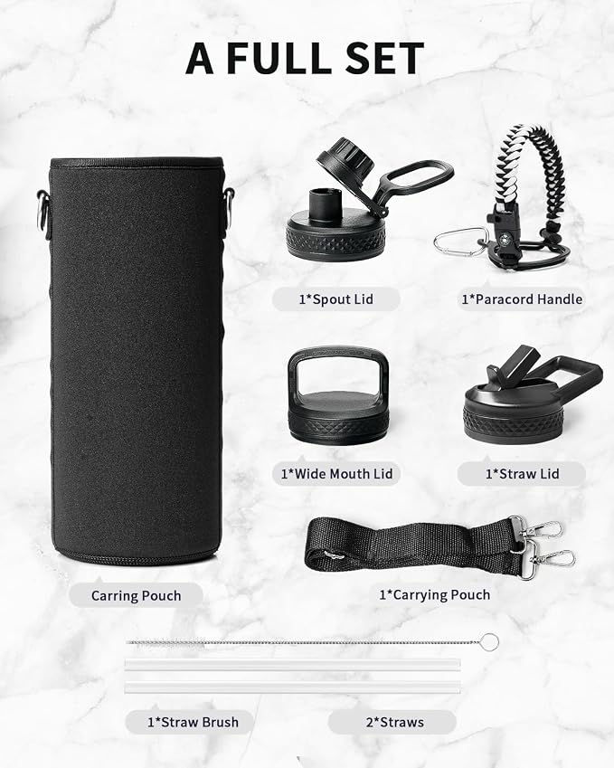 Trebo Water Bottle Insulated 40 oz with 3 Lids, Paracord Handle & Sleeve | Stainless Steel Flask Vacuum, Triple Wall Copper Plated, Dishwasher Safe, Keeps Cold 48Hrs for Hiking, Gym, Wide Mouth