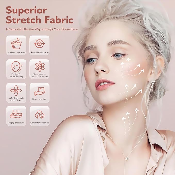 Jawline Shaper Chin Strap for Sleeping, Reusable V-Line Mask for Women Face Lifting Made w/Electric-Hot-Press Tech for Skin-Friendly & Breathable Cooling Fabric (Nude Pink, One Size)