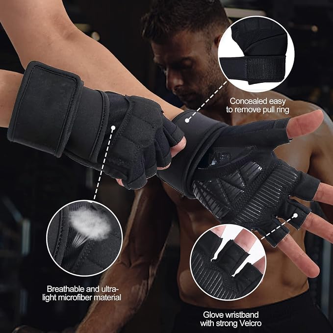 Workout Gloves for Men - Gym Weight Lifting Padded Gloves with Wrist Wrap Support, Full Palm Protection & Silicone Grip Gym Gloves, Exercise, Cross Training, Fitness, Pull-up