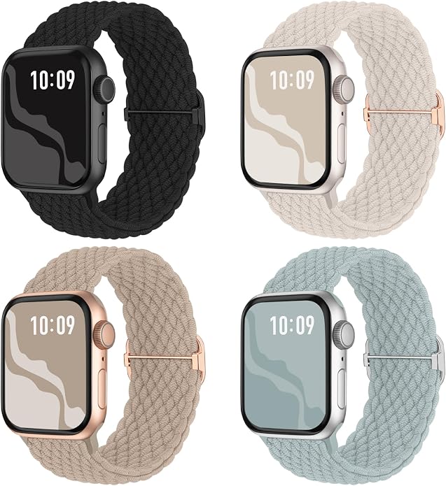 4 Pack Braided Stretchy Bands Compatible with Apple Watch 40mm 41mm 38mm 42mm 44mm 45mm 46mm 49mm Women Men, Breathable Nylon Elastic Daily Use Straps for iWatch Series 11/10 9 8 7 6 5 4 3 SE/Ultra 2