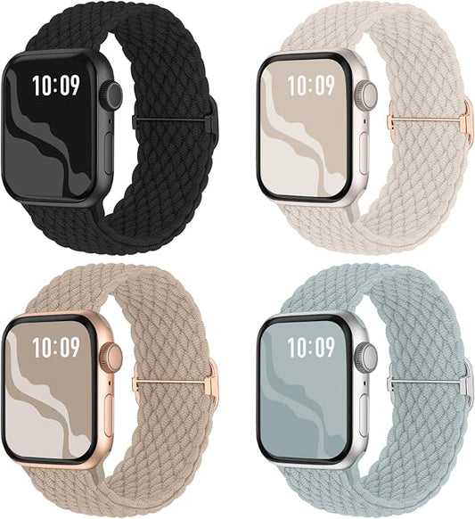 4 Pack Braided Stretchy Bands Compatible with Apple Watch 40mm 41mm 38mm 42mm 44mm 45mm 46mm 49mm Women Men, Breathable Nylon Elastic Daily Use Straps for iWatch Series 11/10 9 8 7 6 5 4 3 SE/Ultra 2