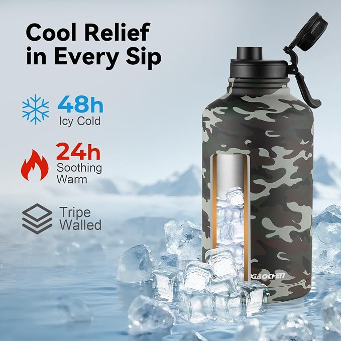KXIAOCHEN Insulated Water Bottle with Strap, 48-Hour Cold, 2 Lids | Triple-wall insulation, lead-free 18/8 Stainless steel, paracord handle, carabiner clip, for gym, hiking, camping and travel