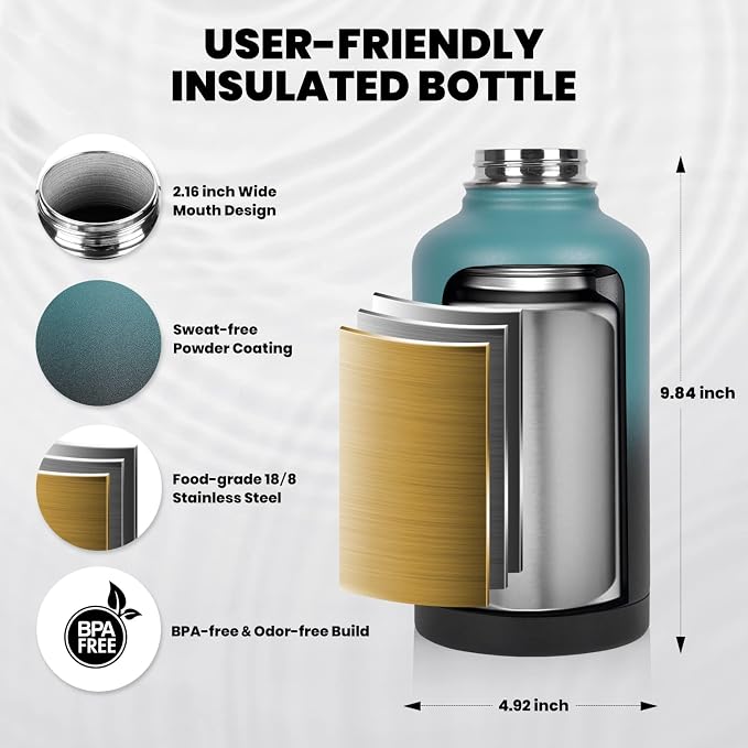 RAYMYLO Insulated Water Bottle 64 oz, Triple Wall Vacuum Stainless Steel (Cold for 48 Hrs), Leak Proof & Non-BPA, Half Gallon Water Flask Jug with Paracord Handle & Straw Spout Lids | (Cold for 48 Hrs), Leak Proof & Non-BPA, Half Gallon Water Flask Jug...
