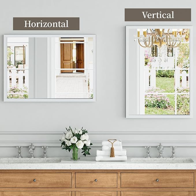 Syndra White Wood Frame Bathroom Mirror, 22''x30'' Modern Vanity Mirror for Wall, Waterproof Slim Deep Frame, Rectangular HD Tempered Glass Mirror for Living Room, Bedroom, Entryway, Rustic, Farmhouse