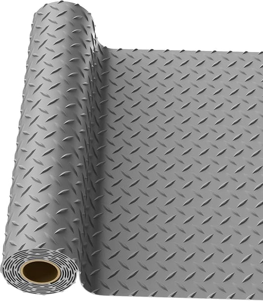 4x8 FT Garage Floor Mat, 2.8mm Thickened Diamond Plate | PVC Flooring Roll for Under Car/Golf Cart/Motorcycle, Garage Mat for Warehouse/Basement/Gyms/Trailer, Tapes Included, Gray