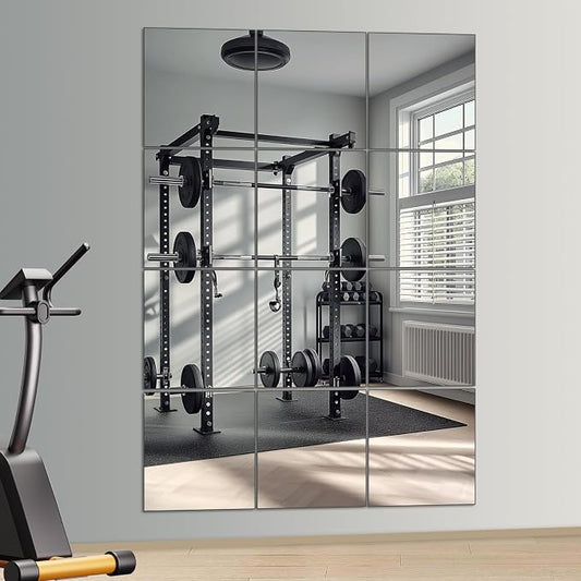 Home Gym Mirror, 12Pcs 10"x 12" Wall Mirror Tiles, Frameless HD Glass Full Length Wall Mirrors for Wall Decor, Bedroom, Living Room, Over The Door, Self Adhesive