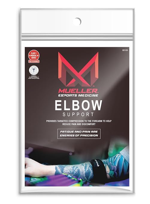 MUELLER Esports Medicine Adjustable Elbow Brace with Gel Pad for Men and Women, Elbow Pain Relief Support Sleeve, 6 KTape Strips Included, Ideal for Gamer's Console and Mouse Elbow, Black, One Size