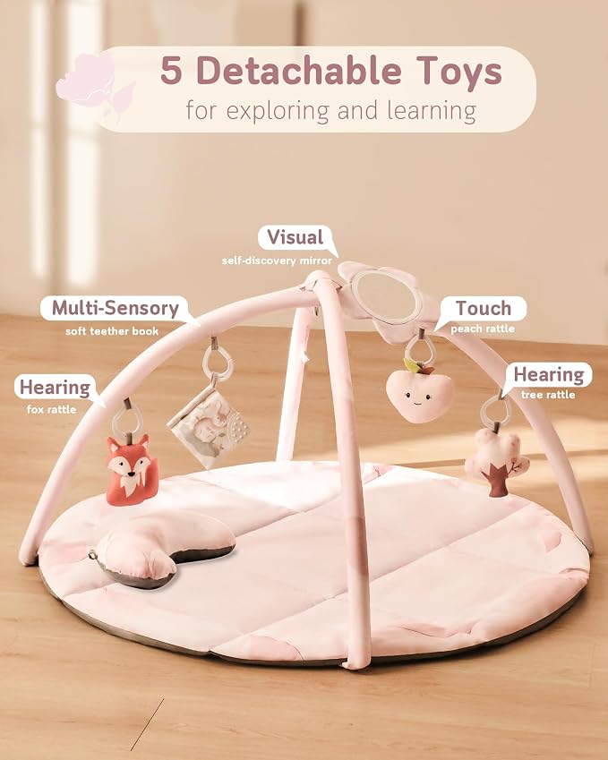 Baby Play Gym & Mat, Tummy Time Mat for Babies 0-12 Months, Pink | Machine-Washable Foldable Activity Mat with 5 Detachable Toys; Certified Safe Newborn Essentials Gift for Baby Registry