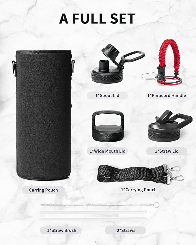 Trebo Water Bottle Insulated 40 oz with 3 Lids, Paracord Handle & Sleeve | Stainless Steel Flask Vacuum, Triple Wall Copper Plated, Dishwasher Safe, Keeps Cold 48Hrs for Hiking, Gym, Wide Mouth