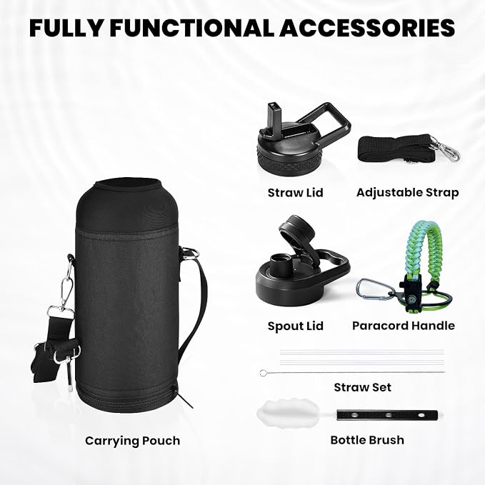 RAYMYLO Insulated Water Bottle 32 oz, Triple Wall Vacuum Stainless Steel | (Cold for 24Hrs, Hot for 12Hrs), Leak Proof & Non-BPA, Modern Water Flask Jug with Paracord Handle & Straw Spout Lids