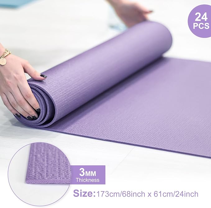 Funtery 3 mm Thin Yoga Mats Bulk, 68 x 24 Inches Lightweight PVC Exercise Mats Non Slip Workout Fitness Pads for Yoga Pilates Stretching Classes Gym Home Studio