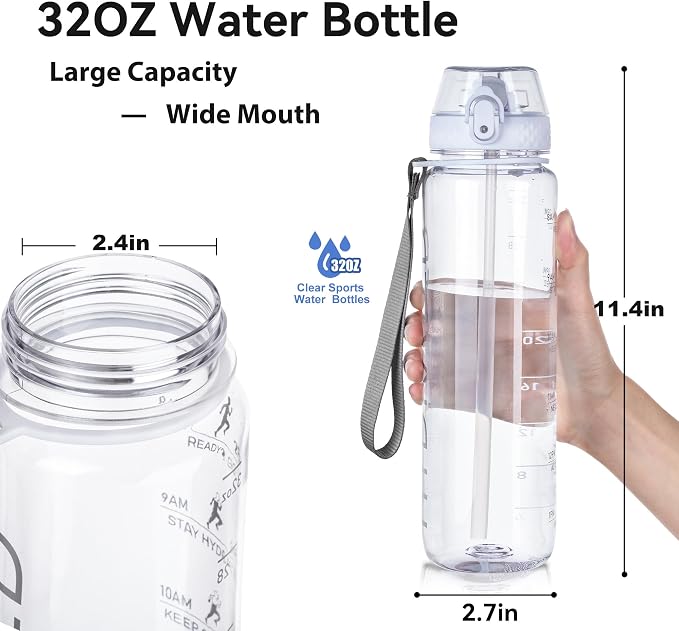 GOPPUS 32oz Clear Motivational Water Bottle with Straw & Time Marker, BPA Free Tritan Leakproof Sports Bottle, Wide Mouth Reusable Bottle for Gym, Hiking, Travel, School & Office（Clear）
